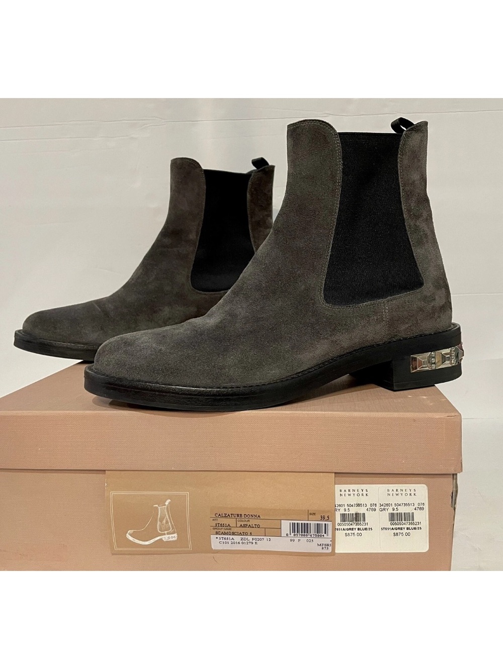 Miu Miu Gray Suede Chelsea Boots with Studded Heel Accent
